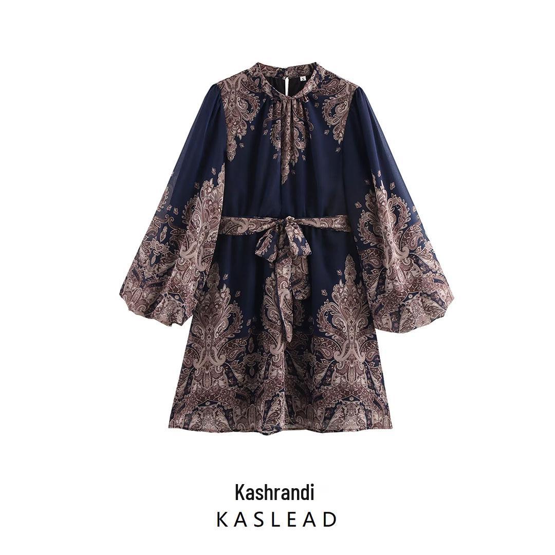 

2025 Spring Women s European & American Stand-Up Collar Casual Print Dress Small