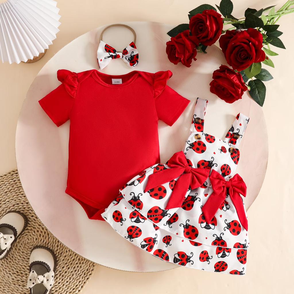 Baby Summer Outfit Set Girl Short Sleeve Bodysuit Romper Ladybug Print Dress with Bowknot Straps and Headband Infant Clothes