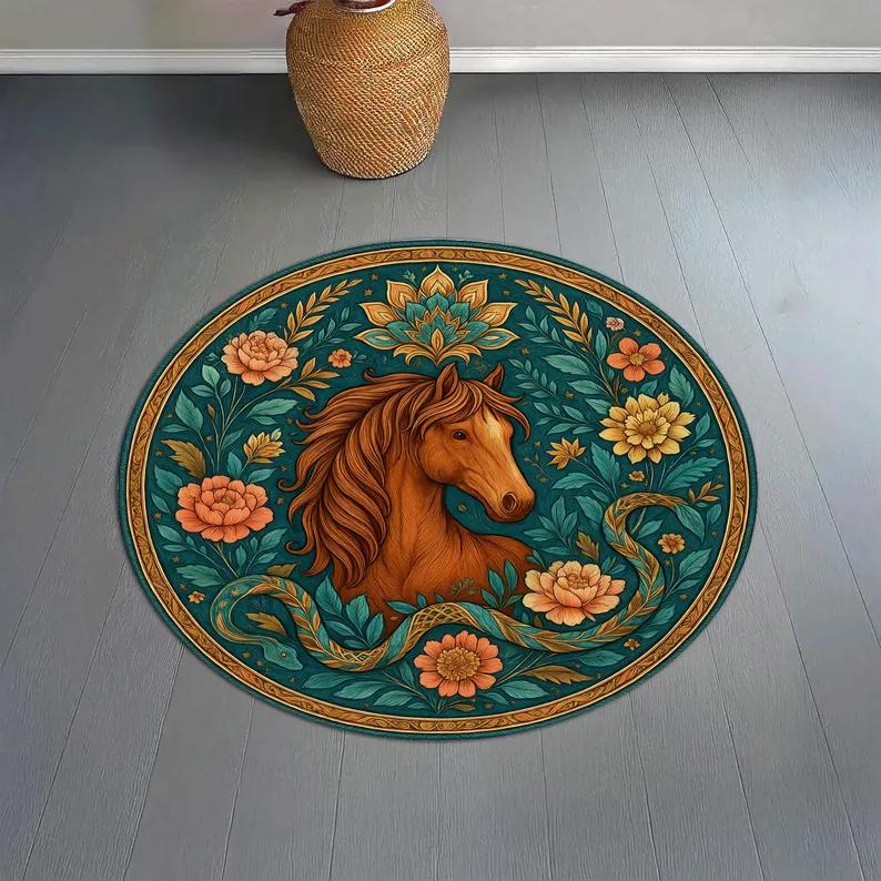 Black Cat Circular Carpet Horse Owl Pattern Carpet Plant Mandala Style Rug Living Room Bedroom Decorative Floor Mat