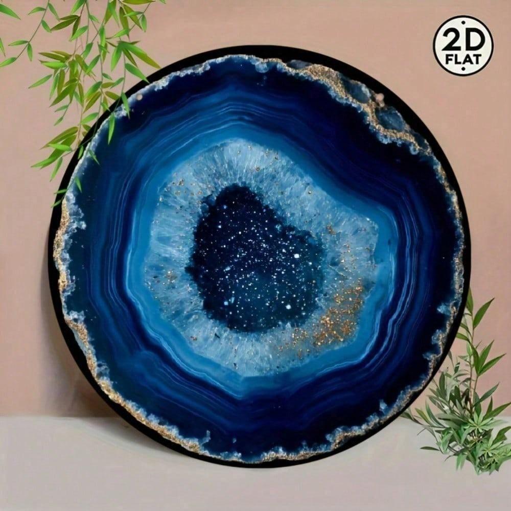 Arte de Parede Redonda em Metal com Ágata Azul Boho 8x8 Polegadas Placa de Alumínio Resistente às Intempéries Detalhes Dourados Decoração Vintage para Casa Boho