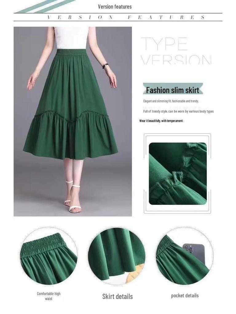 Plus Size High-Waist Pleated A-Line Skirt - Summer Slimming Elastic Swing Skirt for Moms