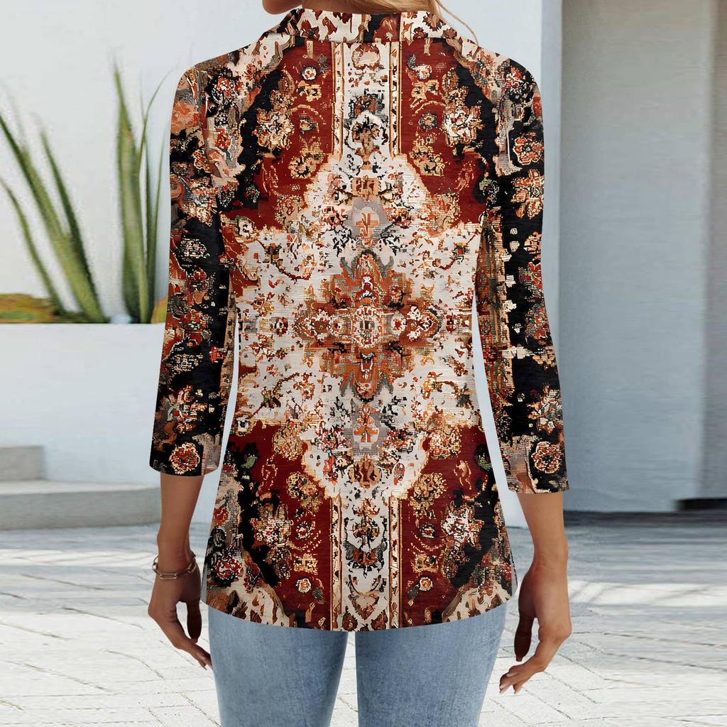 Women's Fashion Casual Lapel Short 3/4 Sleeve Print Shirt Women's Button Up Tops