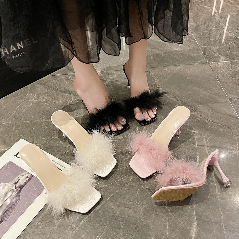 Fairy Wind Fluffy Cool Slippers Female Summer Wear 2025 New Versatile Sexy French Stunning High Heels with Skirt