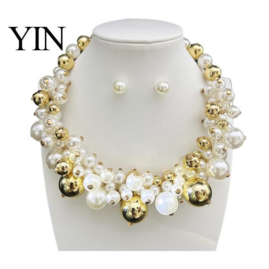 Chunky Faux Pearl Necklace 1 Set Jewelry, Beaded Choker And Square Neck Earrings, Metallic for Women Dinner Parties Wedding Off Shoulder