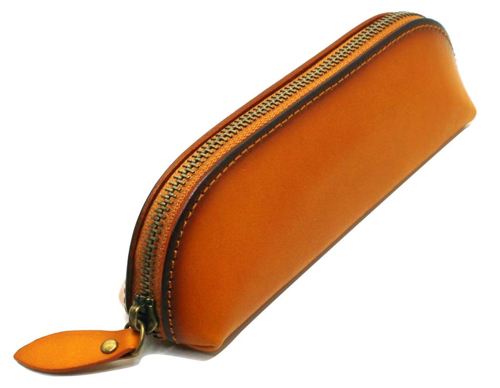 Genuine Camel Leather Pencil 15 Zipper Soft Tochigi Large Stylish Triangular Gift Case, Pens, Closure, Leather, Stitching, Slim, Lightweight, Leather,