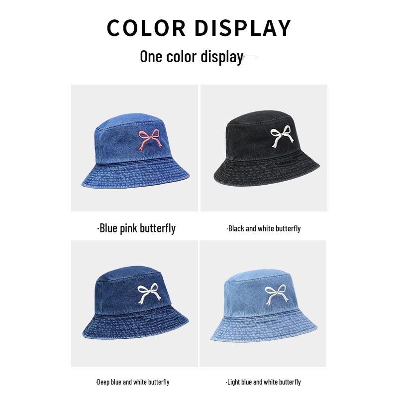 Women's Spring/Summer Bowknot Denim Fisherman Hat - Casual & Versatile Outdoor Sun Hat