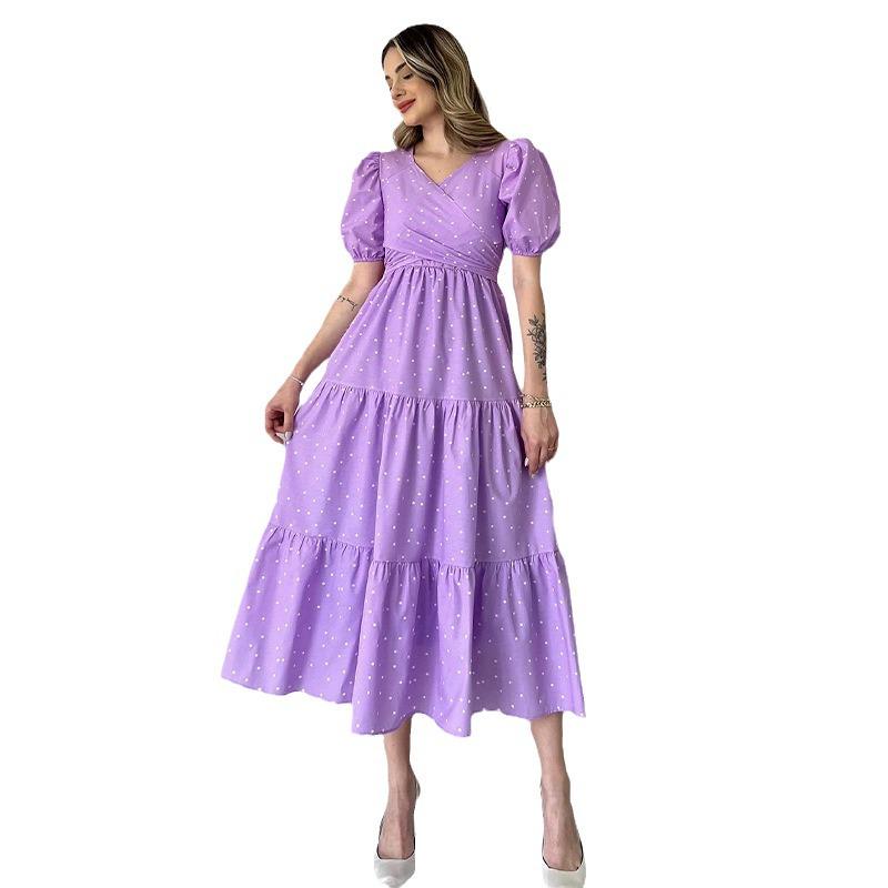 2024 Summer V-Neck High Waist Pleated Polka Dot Dress - European and American Style