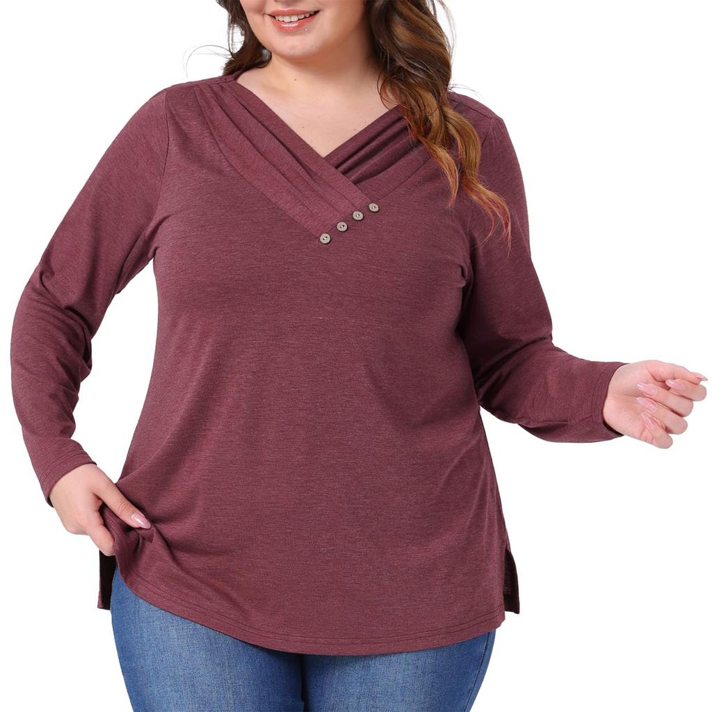 Womens Plus Size Long Sleeve Shirts V Neck Tunic Tops Basic Loose Fit Tee Tops