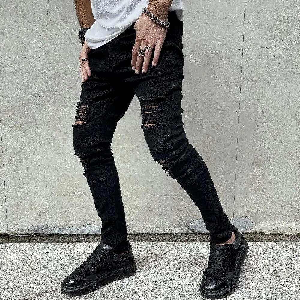 Men High street Hip hop Style Ripped Skinny Pencil Jeans Men Stylish Slim Holes Casual Denim Pants