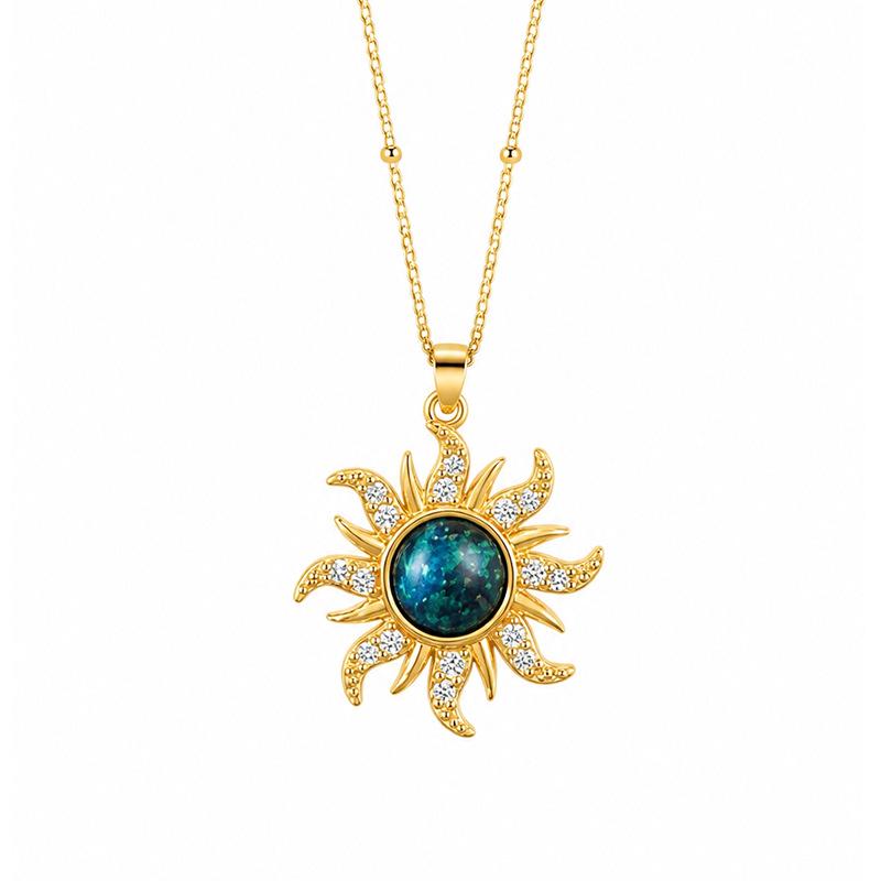 Cosmic Planet Women's Sun Copper Necklace with Zirconia Clavicle Chain and 18k Gold Diamonds
