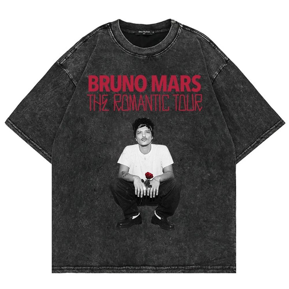 

100% Cotton Vintage Washed Bruno Mars The Romantic Tour 2026 T Shirt Fashion Men_Women Retro Oversized Loose Acid Wash Tee Shirt S білий