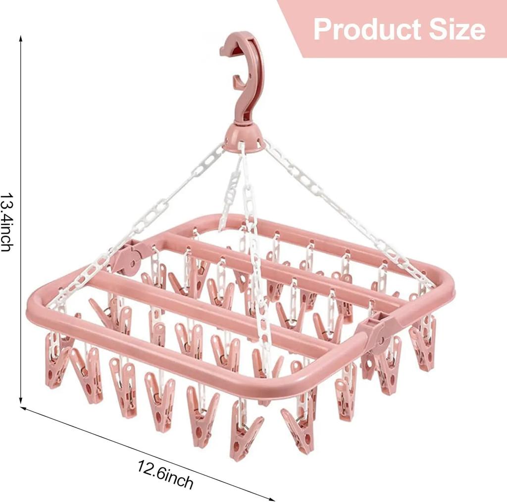 Pink 32 Clips Clothes Drying Hanger,PP Windproof Clothespin for Underwear Sock,Household Foldable Multi-functional Laundry Racks