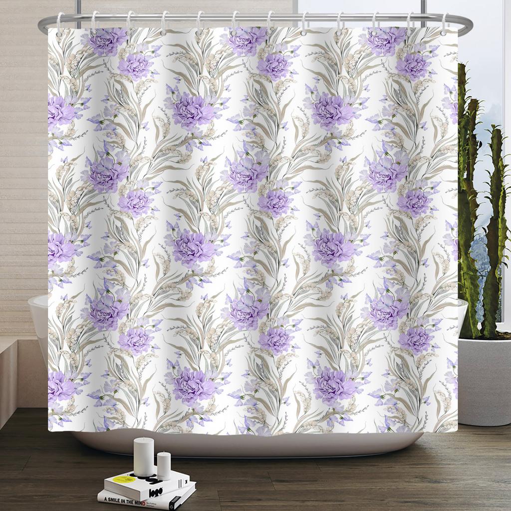 Purple Floral Shower Curtain Watercolor Flowers Leaves Bathroom Decor Bath Curtains Waterproof Polyester Fabric With 12 Hooks