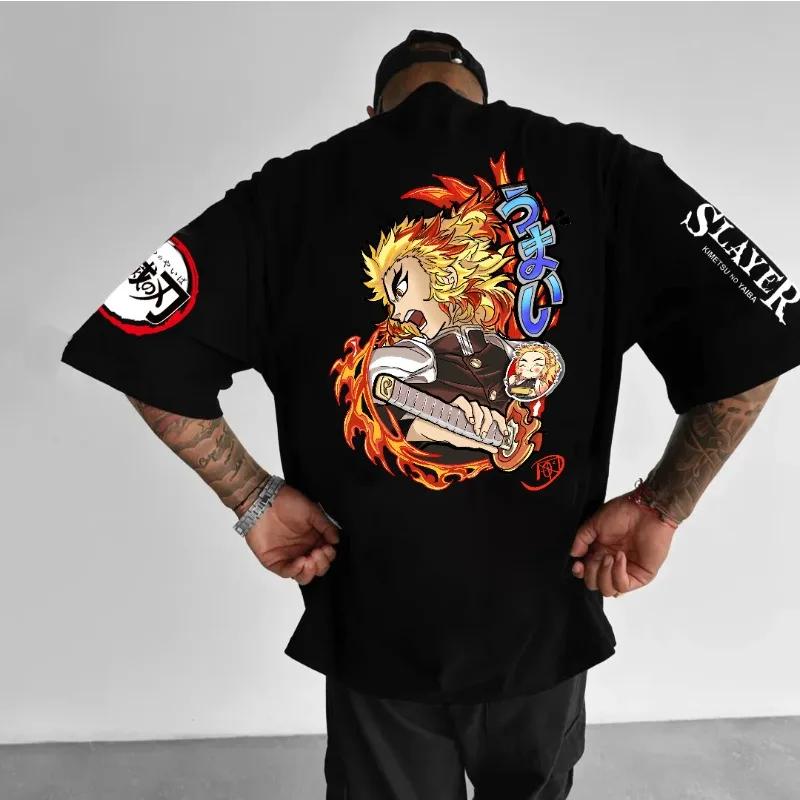 Demon Slayer Anime Rengoku Kyoujurou Surrounding T-shirt Summer Men's and Women's Harajuku Loose Large Casual Short Sleeved Top