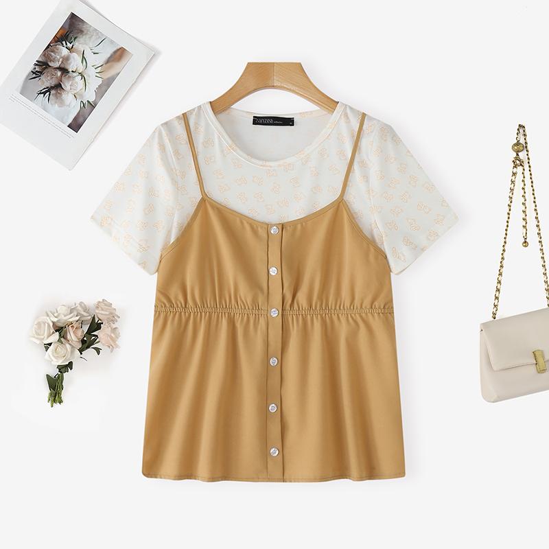 ZANZEA Women Summer Casual Fake Two Piece Patchwork Short Sleeve T-Shirts