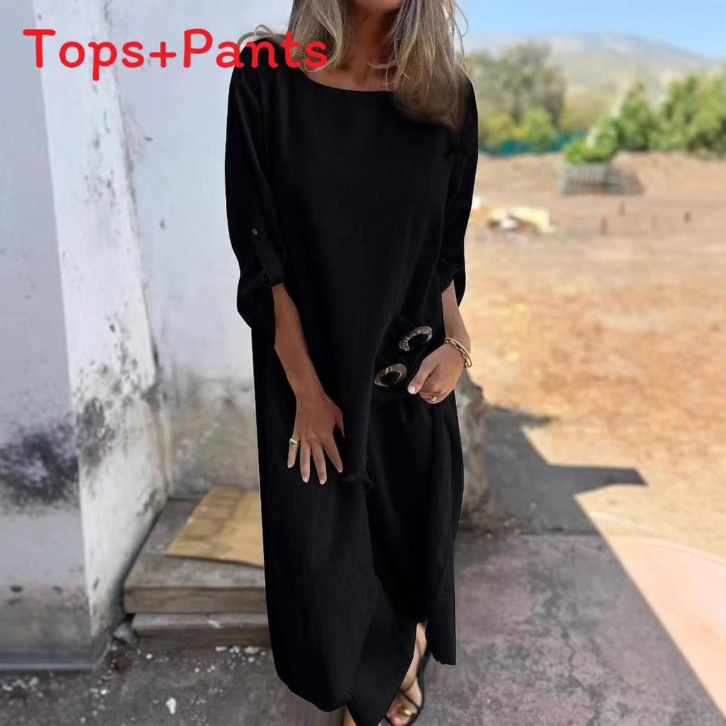 Geometric Pattern Loose Fit Long Robe Set With Crinkle Fabric For Casual Women Spring Summer
