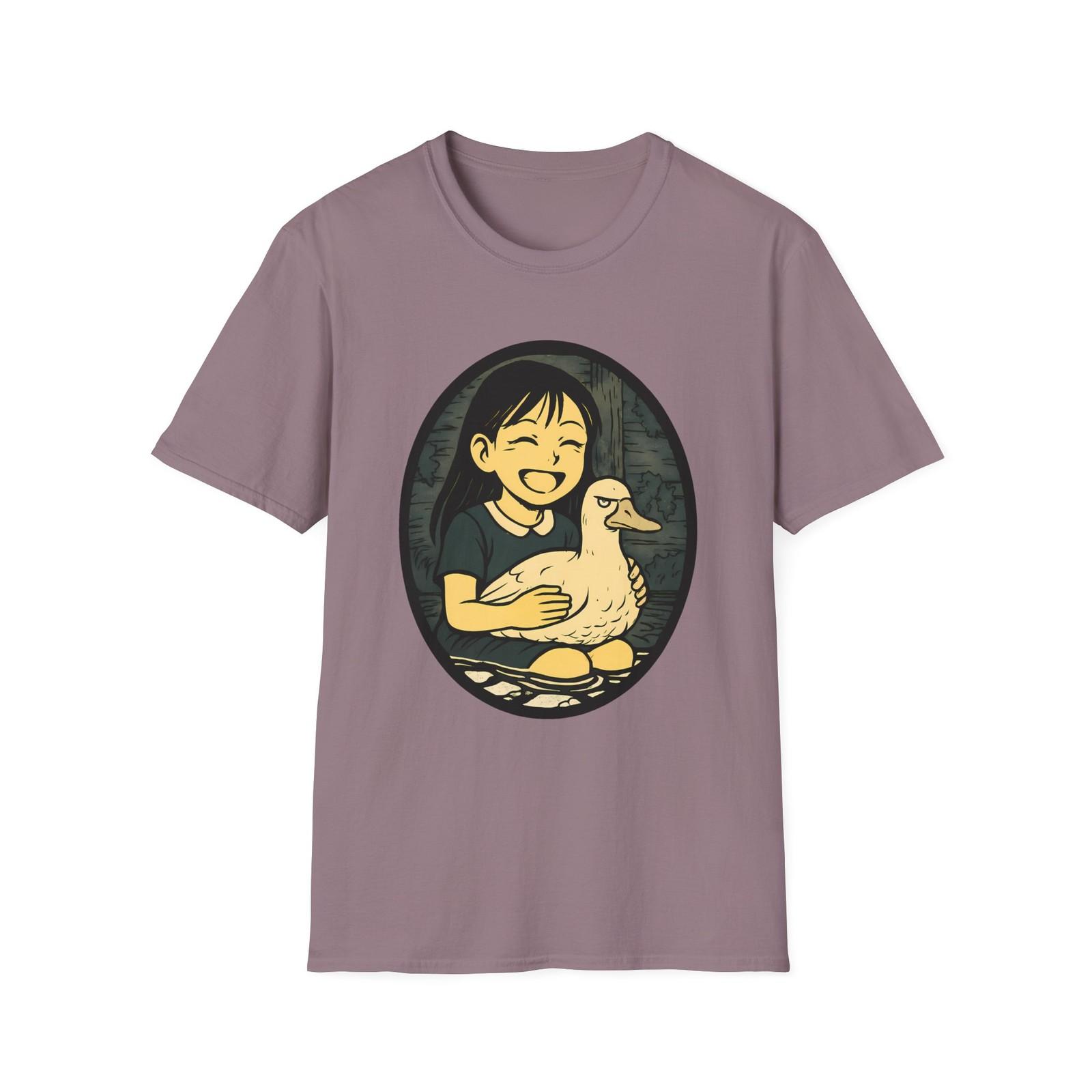 Unisex Softstyle Quack Zen T-Shirt Mens Womens Tees Top – Minimalist Human-Duck Bond, Rustic M