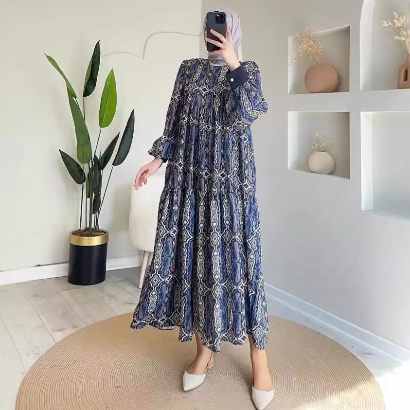2024 Autumn European & American Women's Casual Print Crew Neck Loose Long Dress
