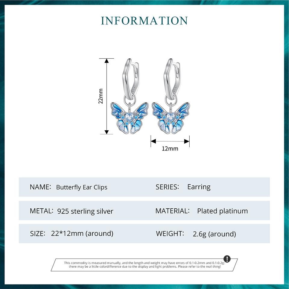 BAMOER 925 Sterling Silver Blue Butterfly Ear Buckles Heart Shape Hoop Earrings for Women Cubic Zirconia Fine Jewelry