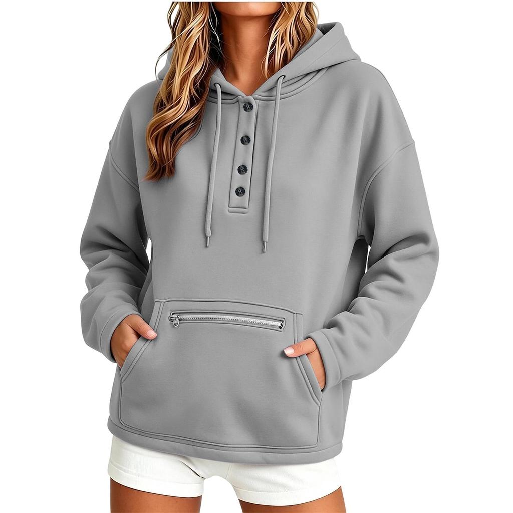 Felpa da donna con cappuccio, manica lunga, bottoni frontali, tasca, colore, per uso casual quotidiano