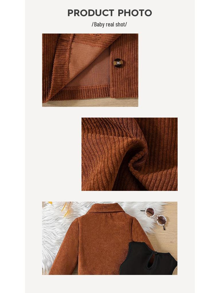 Girls' Coffee Corduroy Jacket & Dress Set - Single-Breasted Long Sleeve Top with Vest Mesh Skirt, Two-Piece.
