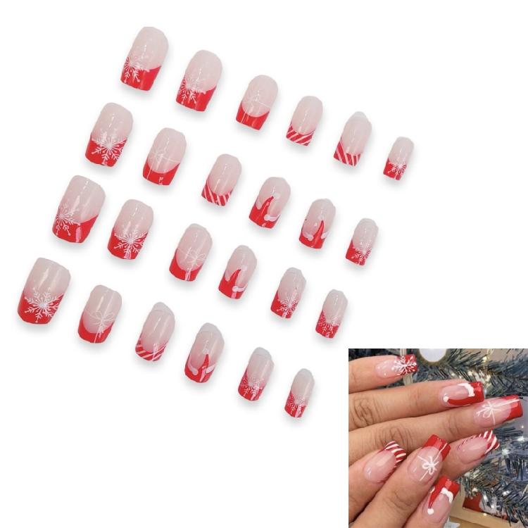Festive Christmas Press On Nails Set 24Pcs Medium Square Flase Nail Snowflakes Artificial Nail for Easy Holiday Nail Art