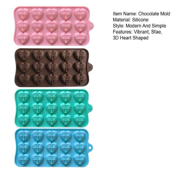 3D Diamond Heart Silicone Mold 15 Grid Diamond Love Heart Shaped Mold Tray Silicone Baking Pan Mold for Making Cake Chocolate Mousse Dessert