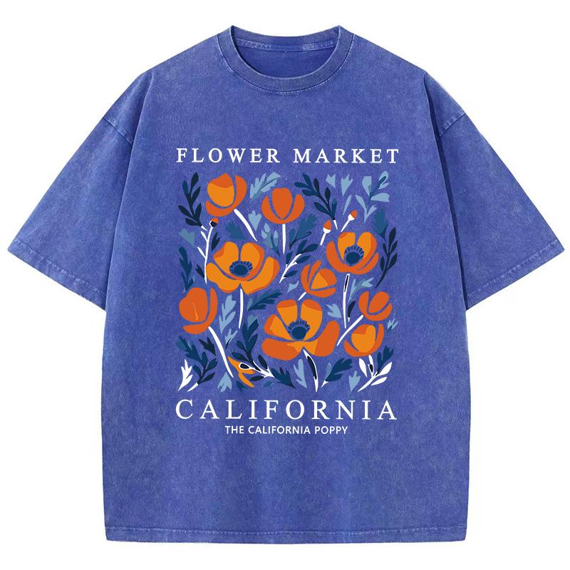 Flowers Market California Prints Washed TShirts Womens Cottontops Comfortable ONeck Oversize T Shirts Fashion Womans Clothes