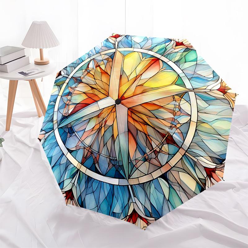 1pc Stained Glass Mandala Design Automatic Opening Folding Umbrella with 8-Bone Iron Frame, Suitable for Fans, Travel, Daily Use, Outdoor, Festive Gif