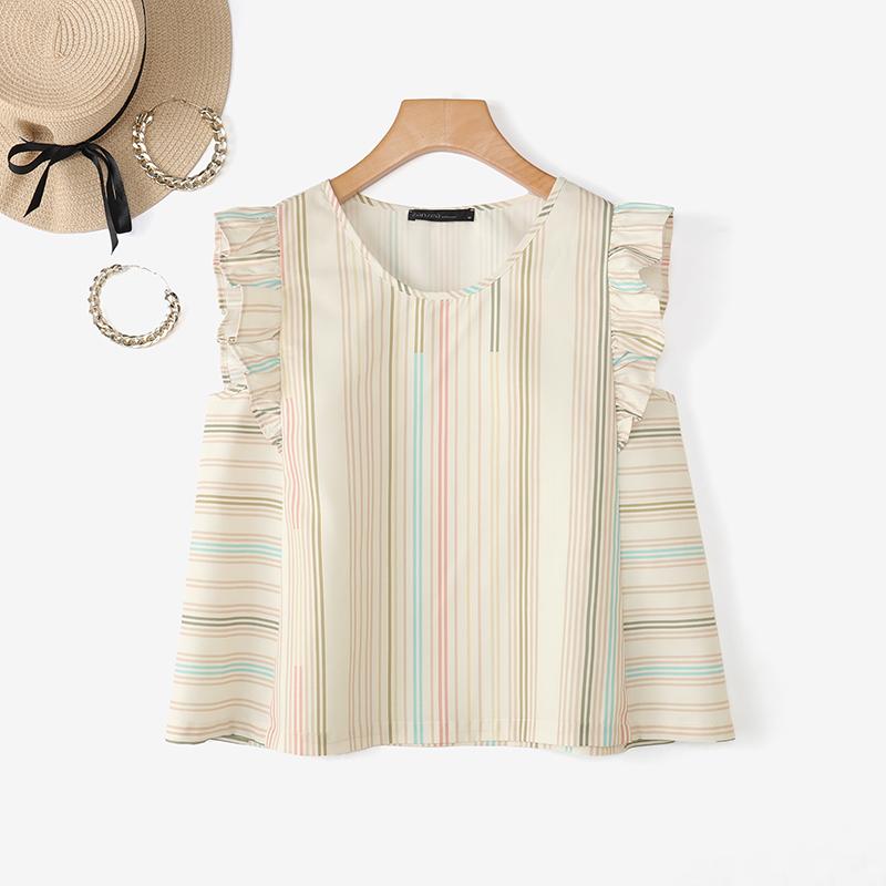 ZANZEA Women Summer Casual Round Neck Stripe Print Sleeveless Vest Tops