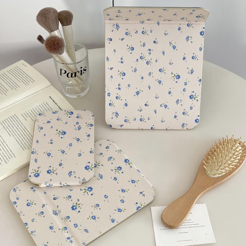 Desktop Makeup Mirror Floral Pu Leather Simple Portable Handheld Makeup Mirror Foldable Student Compact Cute Pocket Mirror