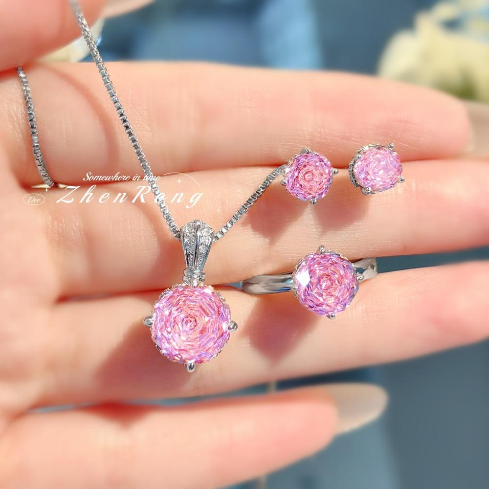 Millennium Rose Cut Paraiba Jewelry Set with Necklace Earrings Ring for Women Sparkling Pink Diamonds