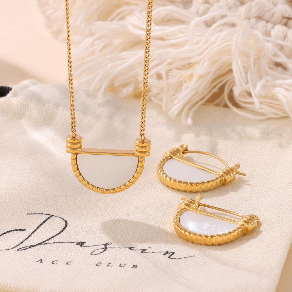 French Retro Geometric White Mother-of-Pearl Pendant Clavicle Chain Earrings In Titanium Steel and 18K Gold for Women