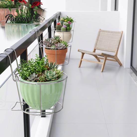Hanging Railing Planter Holder Holder, Stainless Steel Flowerpot Hanger with Detachable Outdoor Garden Organizer Hook, Round Plant Pot for Balcony