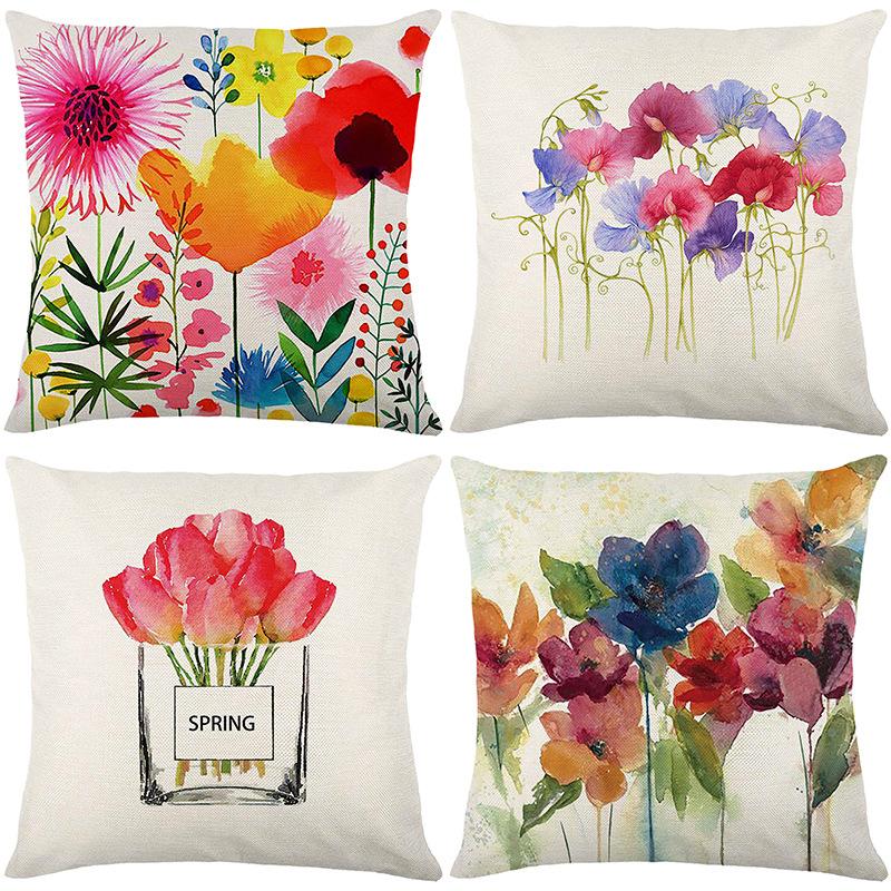 Pillow Linen Printed Pillow Cover Ins Plant Watercolor Printed Pillow Home Decoration Festival Fabric Cushion Bedside Backrest