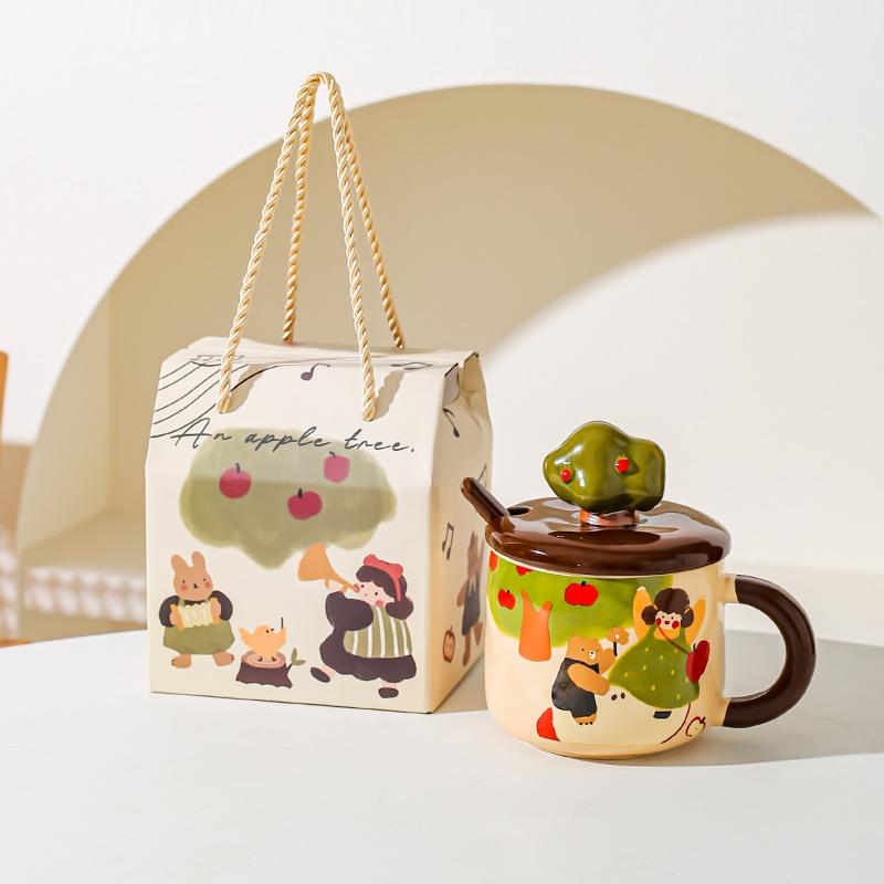 Apple Tree Girl Ceramic Vintage High Value With Lid Spoon Office Water Cup Coffee Cup Breakfast Cup