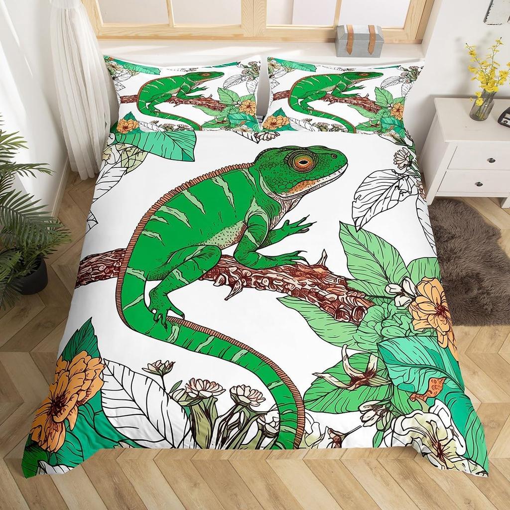 Eidechse Reptilien Bettbezug Geschenk für Jungen Mädchen Lustiges Gecko Bettwäscheset Full Queen Mikrofaser Niedliches Tiermotiv Bettdeckenbezug