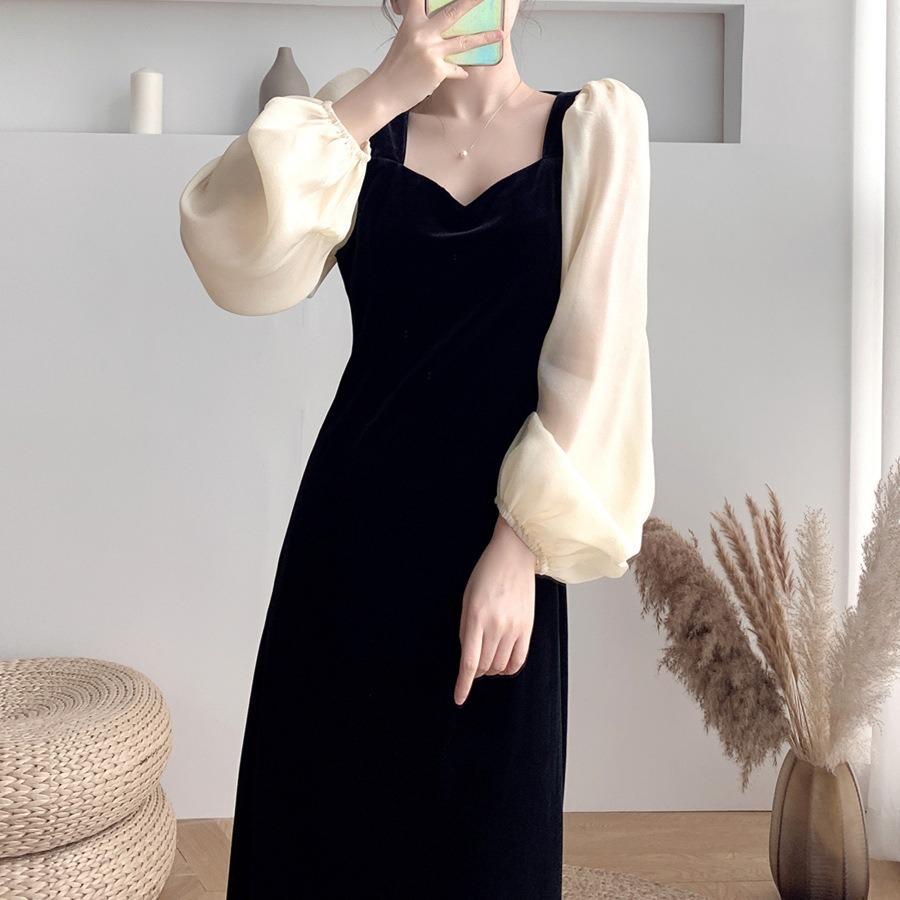 

Бархатное платье с длинными рукавами в стиле французского ретро, облегающее талию и стройнящее, с квадратным воротником, рукавами-фонариками, юбкой средней длины, осенняя одежда 2XL чёрный