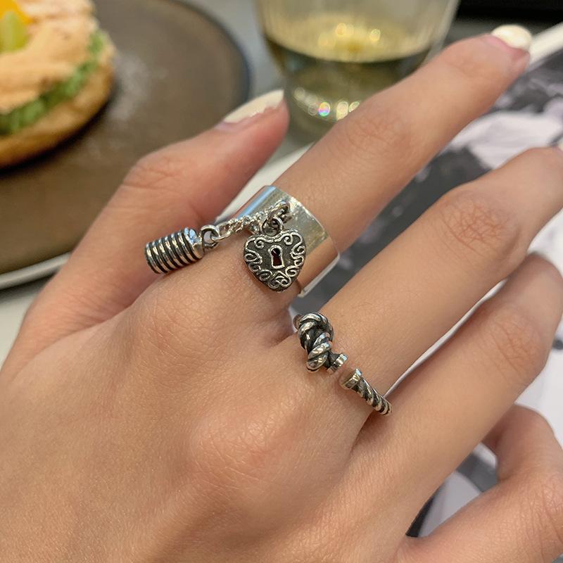 Vintage 925 Elegant Sterling Silver Heart Lock Open Adjustable Ring Women For