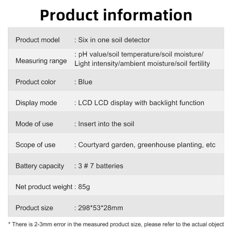 6 In 1 Multiple Parameters Soil Tester for Accurate Measurement of , Temperature, Humidity, Light, and Moisture In Garden Setting