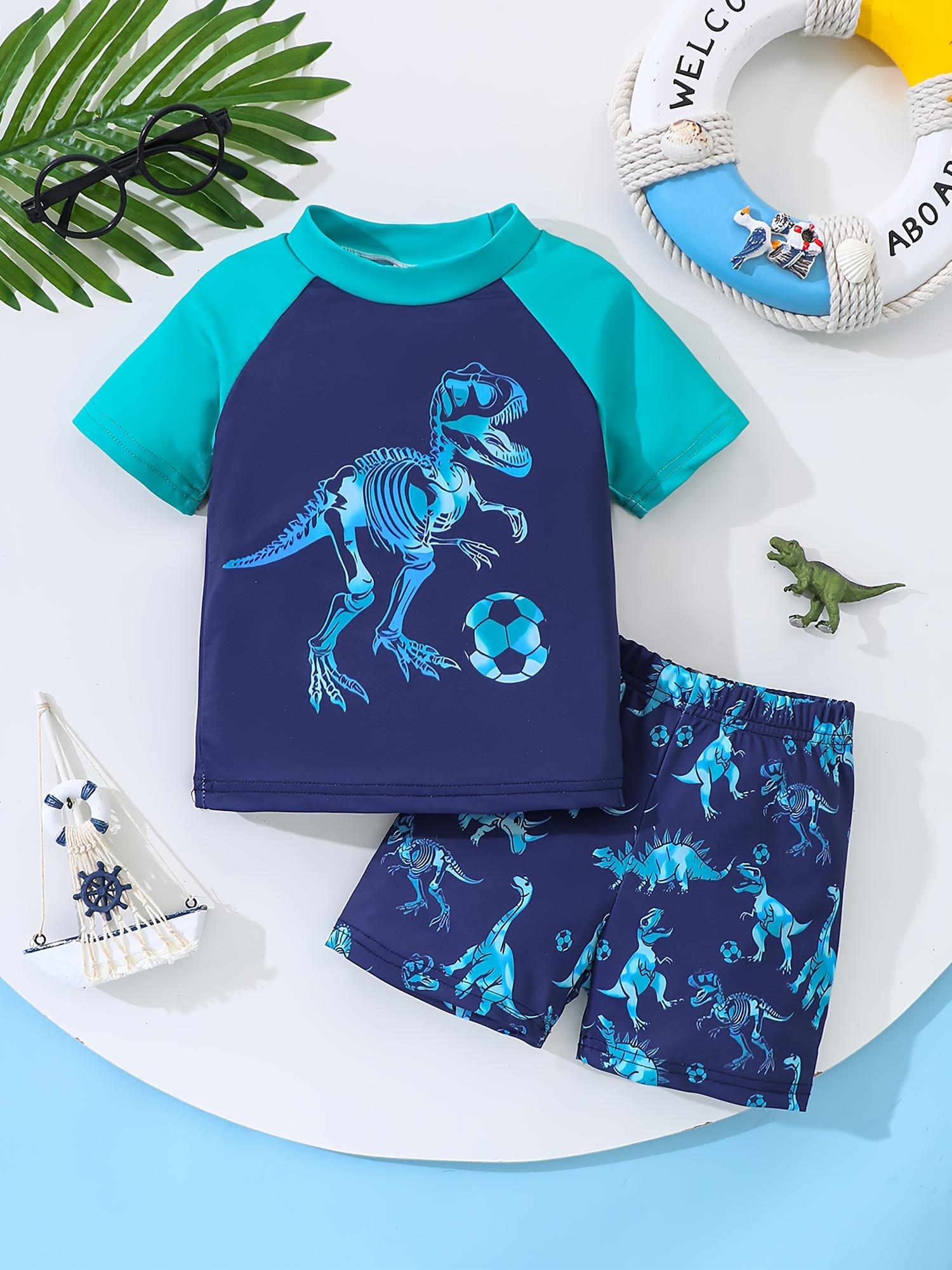 

Boys Swimwear Set Short Sleeve Raglan Dinosaur Print Top Full Print Swim Trunks Swimsuit 130 Темно-синій