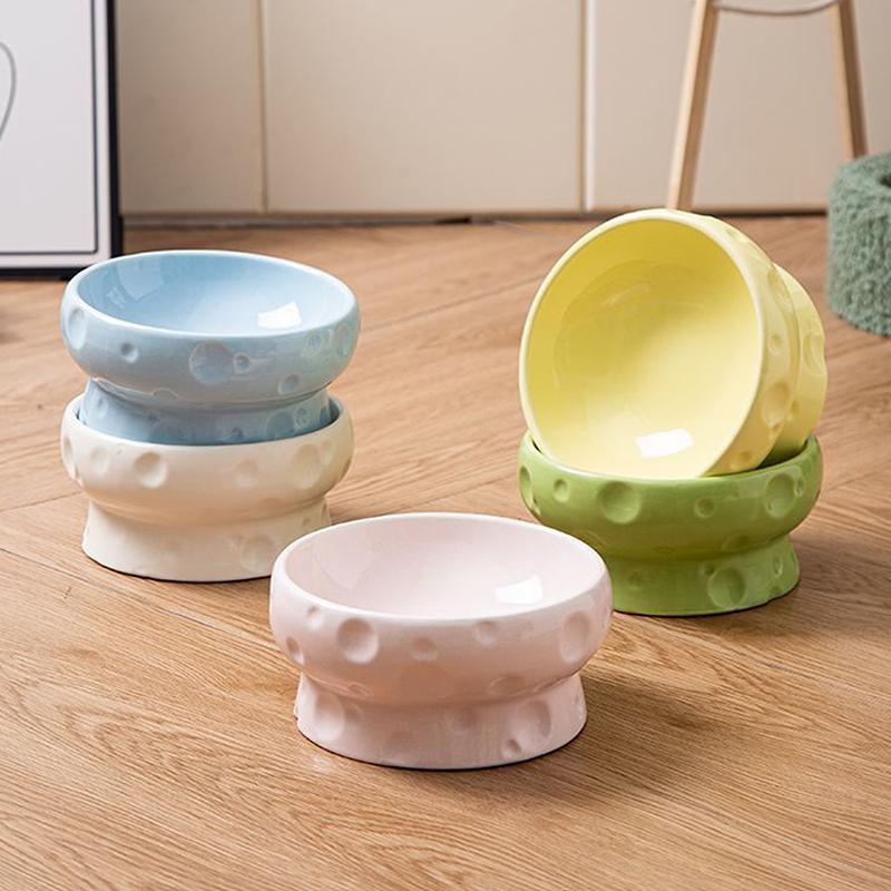 Ceramics Cat Bowl With Cheese Design Cat Food Bowl Water Plate Snack Dish Large Caliber Anti-Tip With Stand For Neck Protection