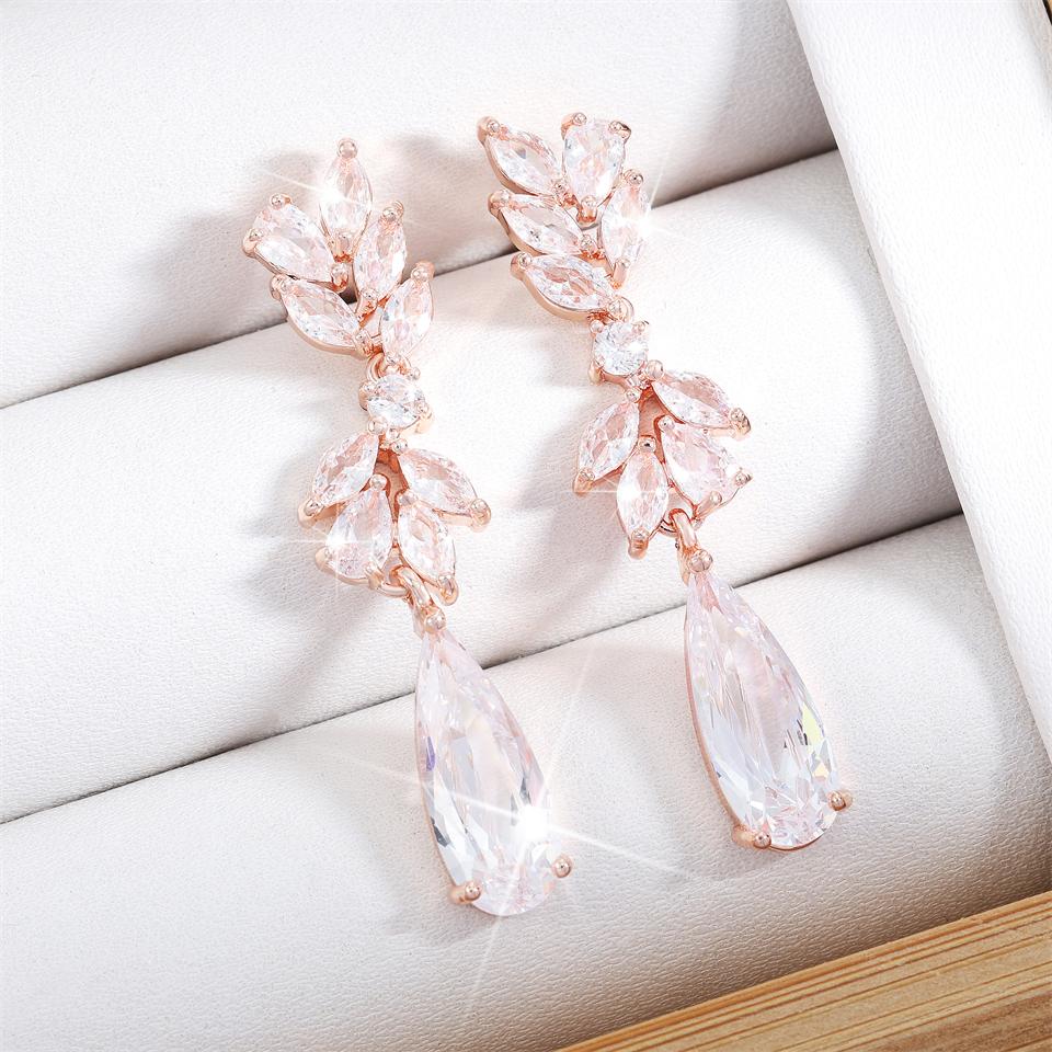 ZAKOL White Zircon Leaf Dangle Earrings for Women Shinny Water Drop Crystal Flower Pendant Earring Bridal Wedding Jewelry