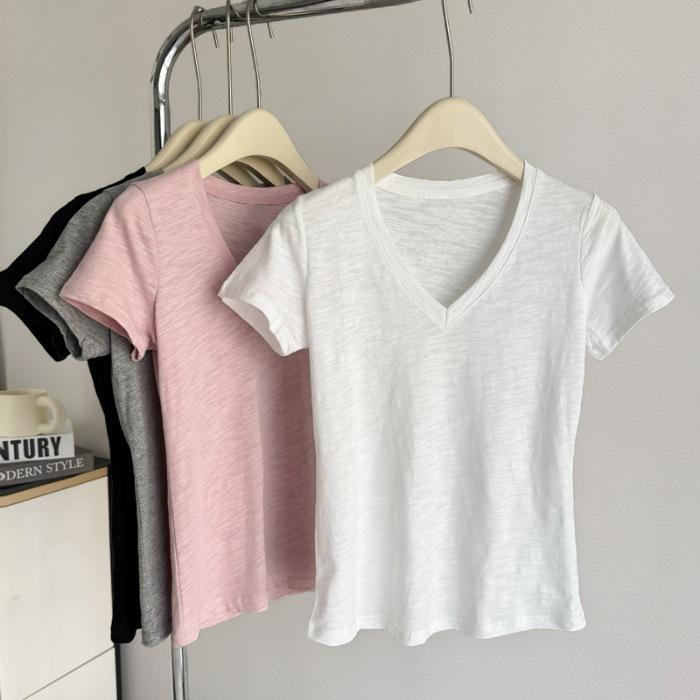 

Real shot front shoulder V-neck short-sleeved T-shirt women s summer slim-fit Korean version bamboo cotton bottom shirt with simple half-sleeved top S белый