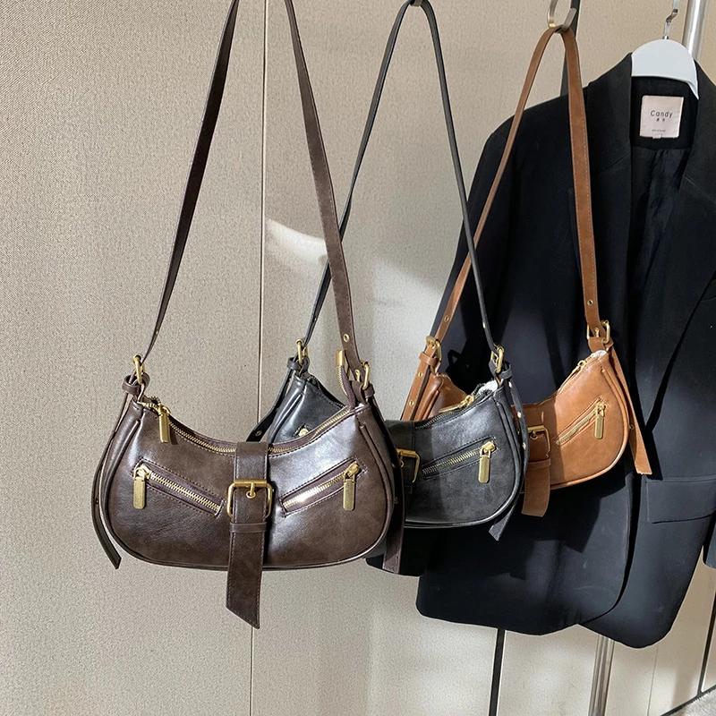 Monochromatic feminine shoulder bag soft PU bag zippered interior pocket high quality fashionable crescent moon