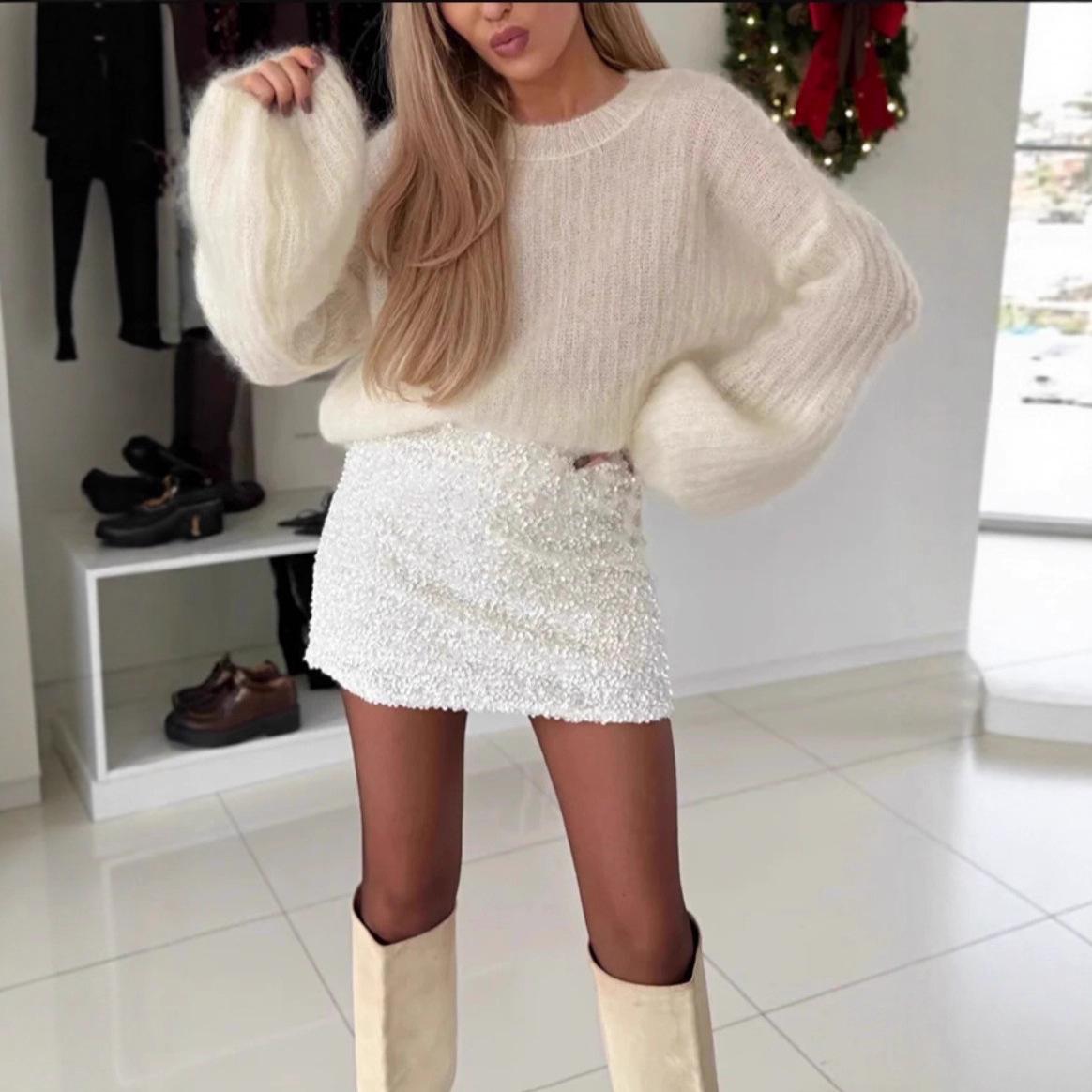 

Sequin High Waist Velvet Mini Skirt 3X Large білий