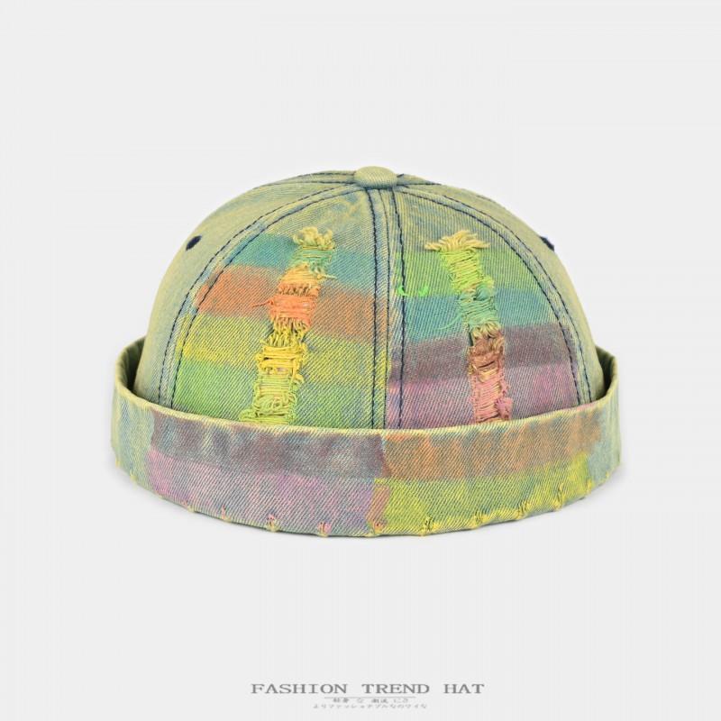 Vintage Distressed Denim Cap With Hand-Painted Colorful Stripes Unisex Adjustable Flat Top Hat Streetwear Hip Hop Style