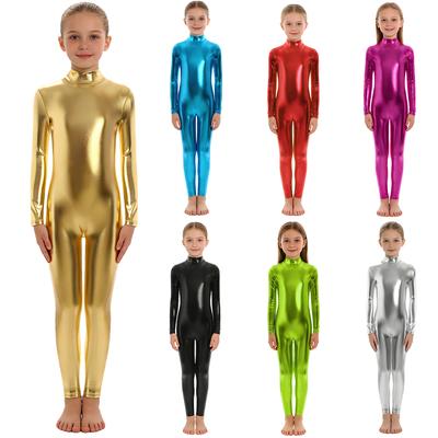 Unisex Kids Boys Girls Metallic Jumpsuit Halloween Role Play Dance Performance Costume Mock Neck Long Sleeve Full Length Leotard