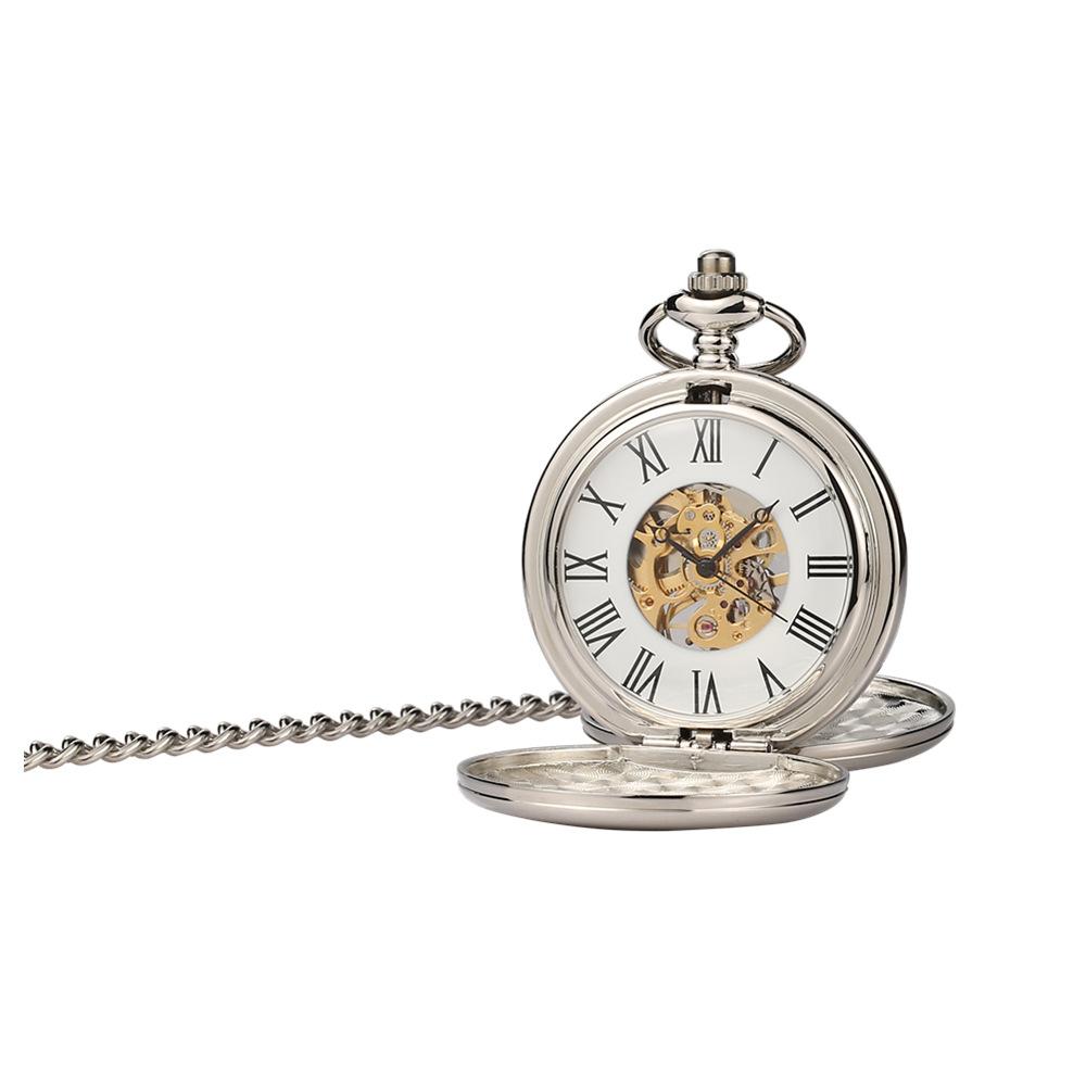 Mechanical Pocket Watch Silver Skeleton Mechanical Automatic Pocket Watch