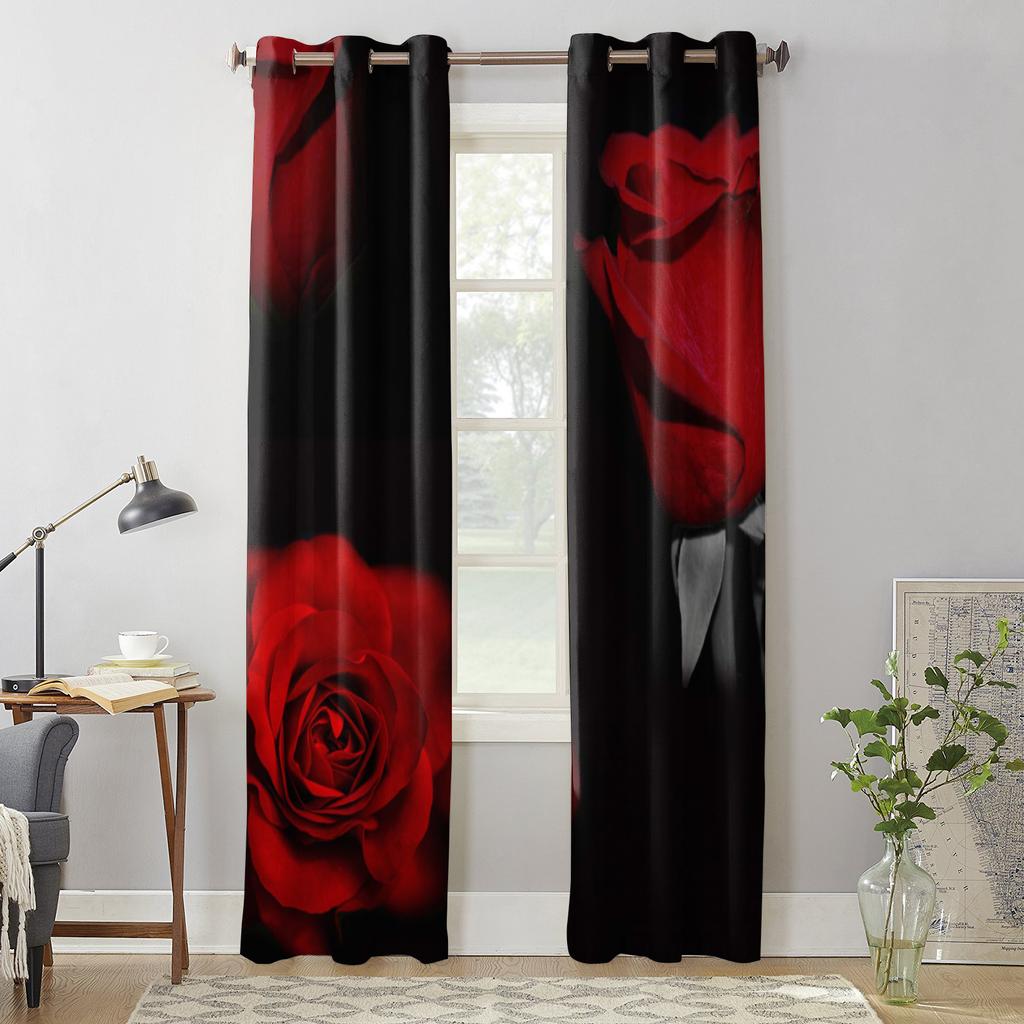 Rote Rose Blume Schwarze Luxusvorhänge für Wohnzimmer Fensterdekoration Vorhang für Schlafzimmer Heimdeko